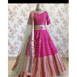 South Indian banarasee brocade lehenga with silk top and net dupatta